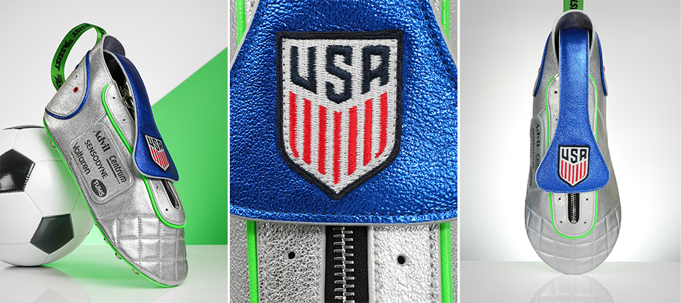 Three side-by-side images showing the U.S. Soccer logo and other details on a custom blue, silver and green dopp kit shaped like a soccer cleat. More info at HaleonAssist.com.