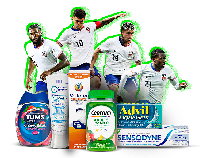 Four United States men's soccer players on a black background, with various Haleon product packages in front. Disclaimer reads: these products may contain NSAIDs and/or Acetaminophen. Read labels before use and use only as directed.