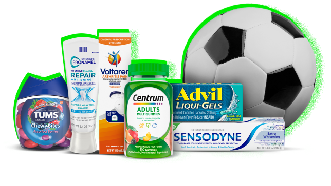 Soccer ball sitting next to TUMS, Pronamel, Voltaren, Centrum, Advil and Sensodyne products.