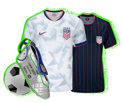 Two U.S. Soccer jerseys, a ball, and a custom blue, silver, and green dopp kit shaped like a soccer cleat sit next to each other.