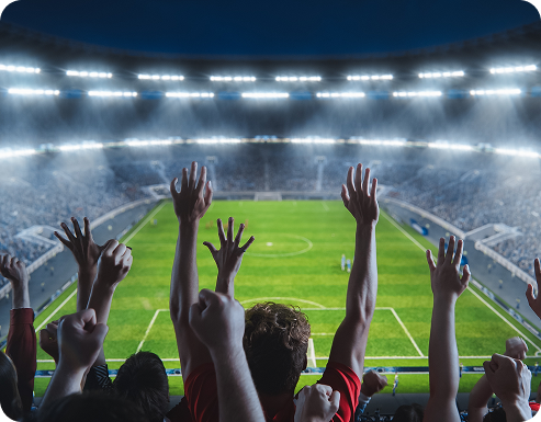 A view of a soccer field from the stands at a stadium, with a cheering crowd holding up their hands.