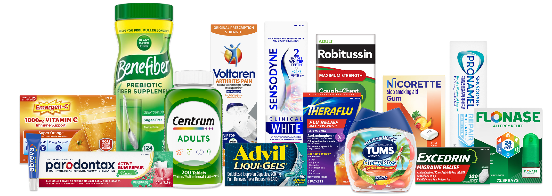 A collection of Haleon products sitting on a black background. Disclaimer says Some products may contain NSAIDs and/or Acetaminophen and should not be taken together. Please review labels and use as directed.