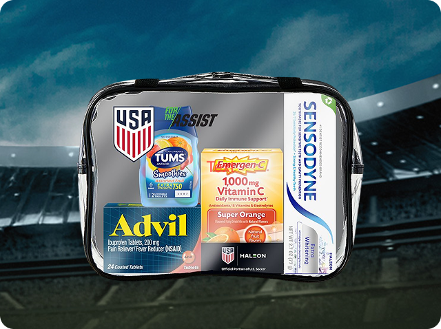 A see-through pack containing TUMS, Advil, Emergen-C and Sensodyne products. The U.S. Soccer logo and words For the Assist are printed on the outside.