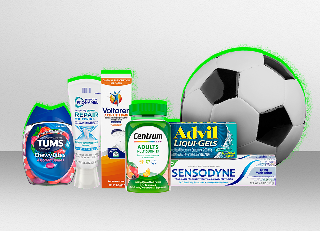 A soccer jersey sits next to several Haleon products. Disclaimer reads: These products may contain NSAIDS and/or Acetiminophen. Read labels before use and use only as directed.