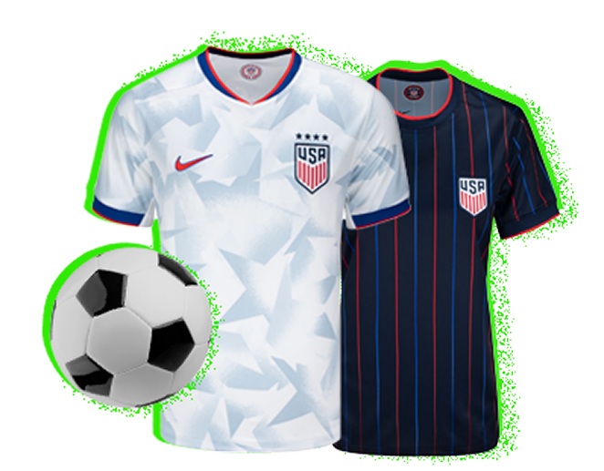  Inside a large stadium, a soccer ball sits next to a pair of United States national team soccer jerseys.